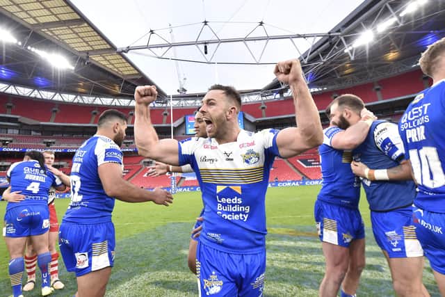 We've done it: Leeds Rhinos captain Luke Gale celebrates at the final whistle. Picture: SWPix