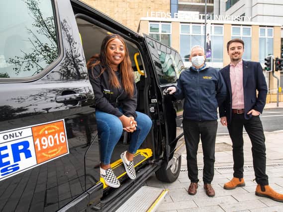 (Left to right) Barbara Pereira, Leeds Beckett University union affairs officer, Amber Cars' driver partner Jose Paiva and Chris Neary, regional director. Amber Cars