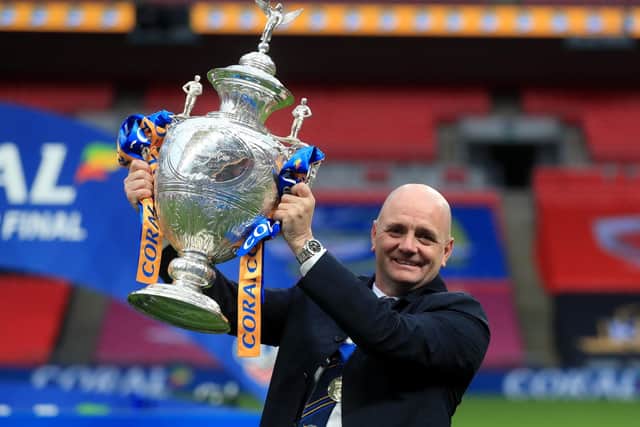 It's ours: Leeds Rhinos head coach Richard Agar poses with the Challenge Cup. Picture: PA