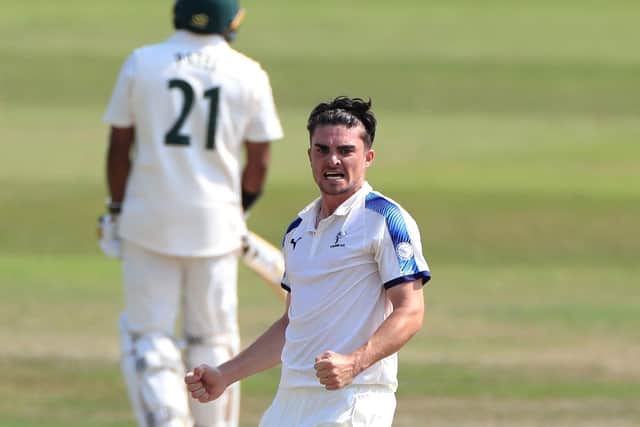 Yorkshire's Jordan Thompson celebrates taking the wicket of Nottinghamshire's Matthew Carter during day four of The Bob Willis Trophy match at Trent Bridge, Nottingham. (Picture: PA)