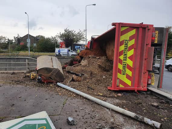 The overturned lorry at the Dudley Hill roundabout in Bradford. Photo Traffic Dave @WYP_TrafficDave