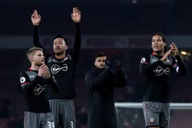 Back in the day: Southampton's Josh Sims (left to right), Maya Yoshida, Sofiane Boufal, Virgil van Dijk celebrate after the final whistle of the EFL Cup, Quarter Final match against Arsenal, in 2016 (Picture: PA)