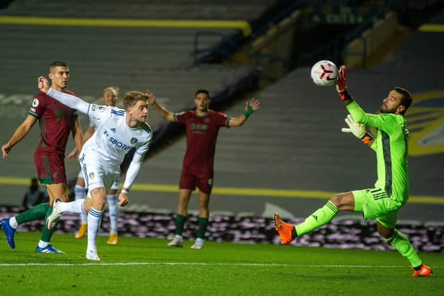DRAWING A BLANK: Patrick Bamford's effort wasis ruled offside at Elland Road.  Picture: Bruce Rollinson