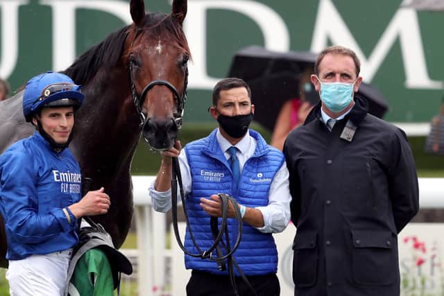 William Buick (left) and trainer Charlie Applby (right) after Ghaiyyath won the Juddmonte International at York's Ebor Festival.