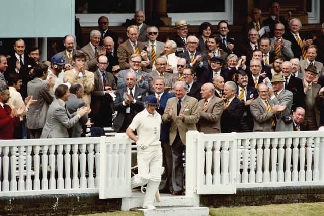 England and Yorkshire batsman Geoff Boycott makes his way through the MCC members on his way to opening the batting on his 100th Test match during the 2nd Cornhill Test Match between England and Australia at Lords, on July 2, 1981 in London, England. Photo credit: Adrian Murrell/Allsport UK/Getty Images.