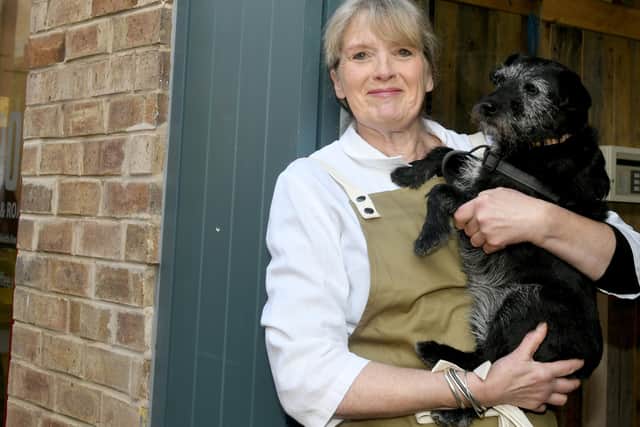 Gilly Robinson  with her dog 'Mrs Patmore'  in Malton, she has been named  Garbutt and Elliott Yorkshire Food Ambassador.