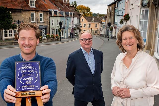 Director of Visit Malton Food Lovers Festival and Overall Winner of the Garbutt + Elliott Food and Drink awards, Tom Naylor-Leyland, Partner at Garbutt and Elliott, Tony Farmer and Chef Consultant, Stephanie Moon pictured in Malton.