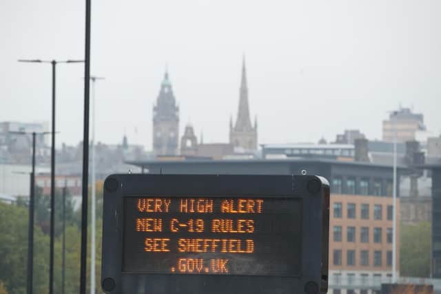 A coronavirus advice sign in Sheffield city centre, as South Yorkshire is the latest region to be placed into Tier 3 coronavirus restrictions, which will come into effect on Saturday. Photo: PA