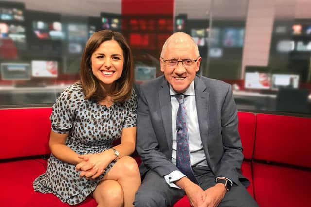BBC photo of veteran regional news presenter Harry Gration with Keeley Donovan. Mr Gration has announced he is stepping down after more than 40 years in broadcasting.
