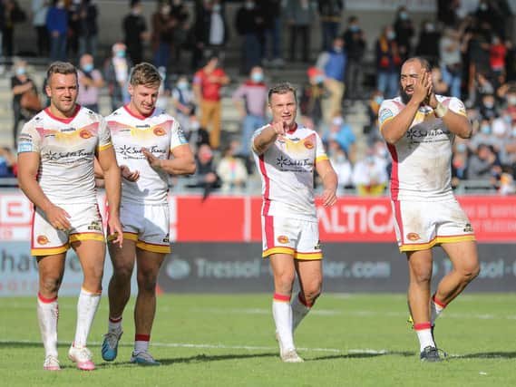 Catalans Dragons players at the Stade Gilbert Brutus. Picture: Laurent Selles/Catalan Dragons/SWpix.com.