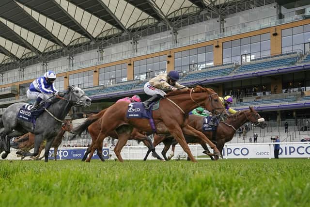 Hollie Doyle (nearside) and Glen Shiel get up on the line to land the Qipco British Champions Sprint from Brando (yellow colours).