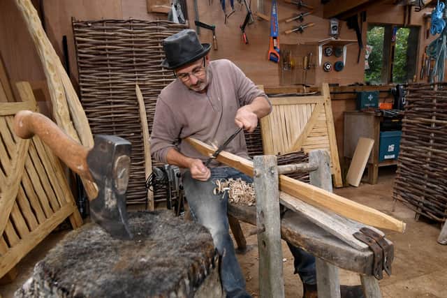 Geoff is pictured at work in his workshop making gates out of hazel, at Yorkshire Hurdles,Westow near Malton..Picture by Simon Hulme