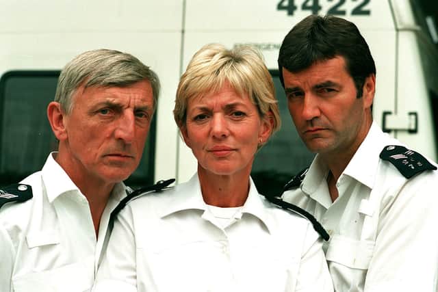 Eric Richard as Sgt. Bob Cryer, Trudie Goodwin as Sgt. June Ackland and Tony O'Callaghan as Sgt. Matthew Boyden in ITV's The Bill
