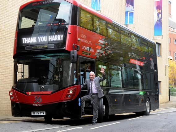Harry arrives at the BBC Look North studios aboard a Harrogate Bus Company double decker that has been named after him