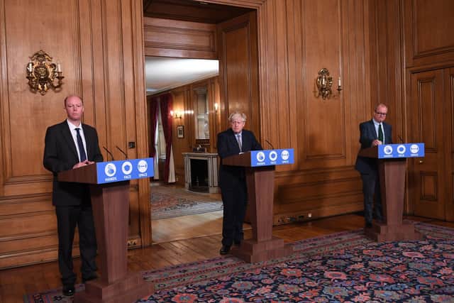 (Left to right) Chief Medical Officer Professor Chris Whitty, Prime Minister Boris Johnson and  Chief Scientific Adviser Sir Patrick Vallance during a virtual press conference at Downing Street.