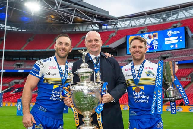 Leeds's captain Luke Gale with head coach Richard Agar and the Lance Todd Trophy winning man of the match Richie Myler after their side defeated Salford in the Coral Challenge Cup final. Picture by Allan McKenzie/SWpix.com