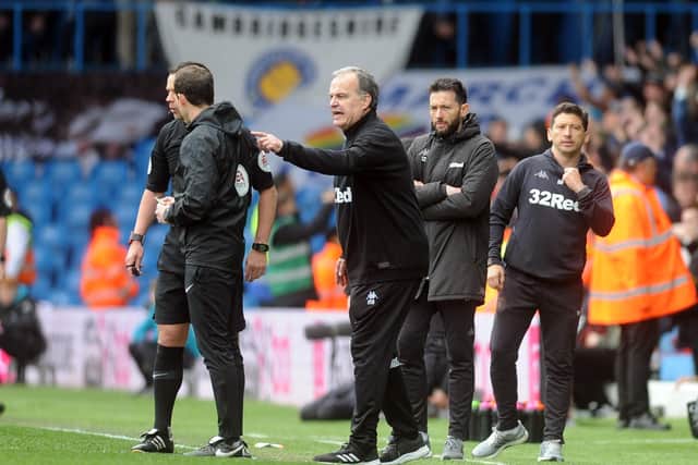 Leeds United boss Marcelo Bielsa tells his players to concede a goal against Aston Villa at Elland Road in April 2019. Picture:Tony Johnson.
