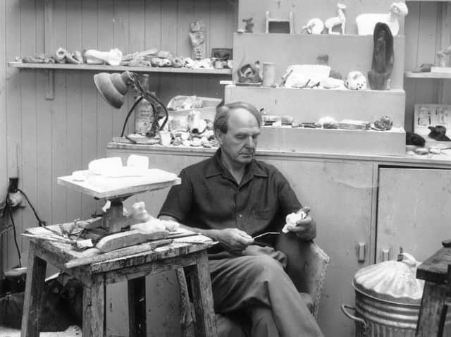 British sculptor Henry Moore sits amongst the maquettes in his studio at Much Hadham, Hertfordshire.  Photo by Chris Ware/Keystone Features/Getty Images