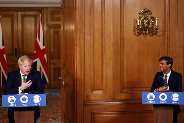 Prime Minister Boris Johnson and Chancellor of the Exchequer Rishi Sunak at the latest 10 Downing Street press conference.