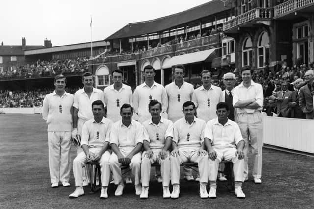 Geoffrey Boycott, back row, third right, as part of the 1964 England test cricket team. 
Back row, left to right: Peter Parfitt, Jim Parks, Tom Cartwright, John Price, Bob Barber, Geoffrey Boycott, masseur Sandy Tait and 12th man C.D. Drybrough. Front row, left to right: Fred Titmus, Colin Cowdrey, Ted Dexter, Fred Trueman and Ken Barrington. Picture: Dennis Oulds/Central Press/Hulton Archive/Getty Images.