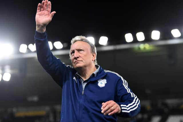 AND THEN ... Neil Warnock manager acknowledges the Cardiff fans at Derby in September last year when manager of the Bluebirds. Picture: Nathan Stirk/Getty Images.