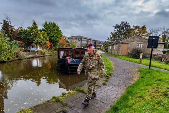Pictured, Jeffrey Long MBE, from Bingley, during his latest trek - along the Leeds to Liverpool canal - part of a 100 mile challenge to raise funds for the Royal National Lifeboat Institute (NLI) and the Royal Air Force (RAF) Benevolent Fund. Photo credit: