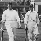 Striding out: Australian cricketers Warwick Armstrong (1879 - 1947), left, and Victor Trumper (1877 - 1915) going out to bat in the First Test against England at Birmingham, 27th  May 1909. (Photo by Topical Press Agency/Hulton Archive/Getty Images)