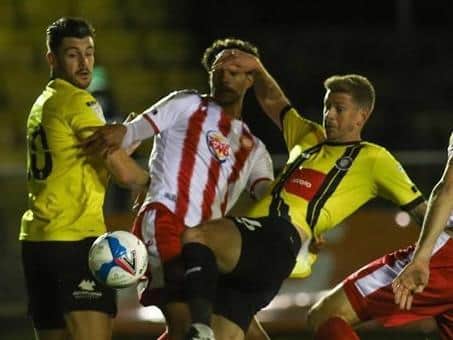 Jon Stead came as close as anyone in a Harrogate Town shirt to breaking the deadlock against Stevenage. Pictures: Matt Kirkham