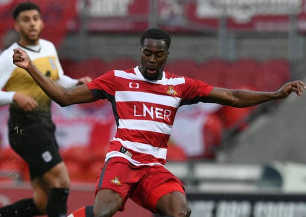 Doncaster's Fejiri Okenabirhie was on target, but it could not prevent defeat at Plymouth. Picture Howard Roe/AHPIX LTD
