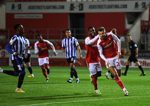 Rotherham United's Dan Barlaser celebrates scoring from the penalty spot to make it 2-0 against Sheffield Wednesday at the New York Stadium. Picture : Jonathan Gawthorpe