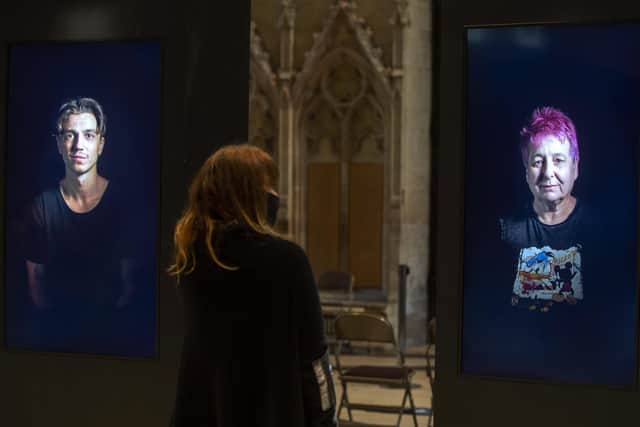 People We Love is a new commission from creative collective KMA. Positioned in the nave, just below the Great West Window with the Heart of Yorkshire, this this new temporary 'congregation' at the Minster is made up of a collection of five large high definition screens which show a series of video portraits, focused on people that have been filmed looking at a photograph of someone they love. Pic: Bruce Rollinson