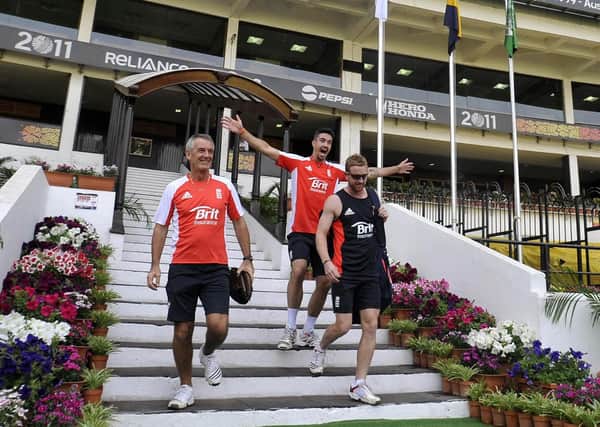 Retiring: England team manager Phil Neale, left, with Kevin Pietersen and Paul Collingwood arrive at the Vidarbha Cricket Association Stadium, Nagpur, India in 2011. Picture: PA