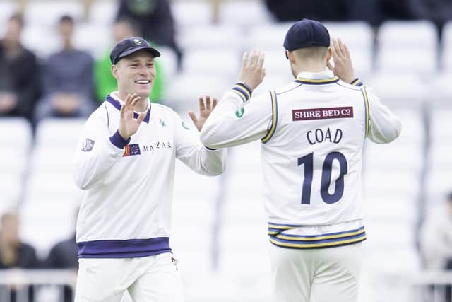 Matthew Waite is congratulated by Ben Coad on taking a catch to dismiss Nottinghamshire's Ben Duckett in April 2019. Picture by Allan McKenzie/SWpix.com