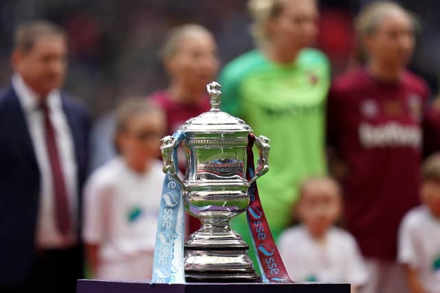 THE PRIZE: A view of the trophy up that is for grabs in the Women's FA Cup Final on Sunday. Picture: John Walton/PA Wire.