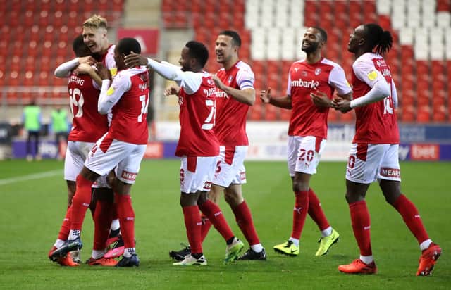BRAGGING RIGHTS: Rotherham United's Jamie Lindsay (second left) scores his side's third goal of the game in a 3-0 win over Sheffield Wednesday. Picture: Danny Lawson/PA Wire.