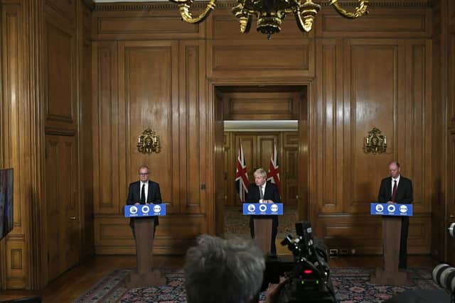 Chief scientific adviser Sir Patrick Vallance, Prime Minister Boris Johnson and Chief Medical Officer Professor Chris Whitty during a media briefing in Downing Street, London, on coronavirus (COVID-19).