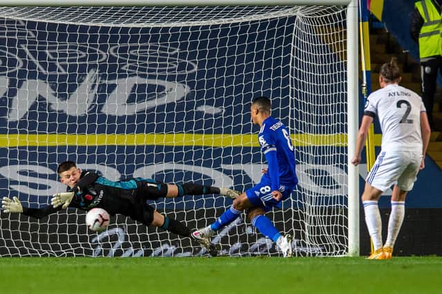 Youri Tielemans scores Leicester's second goal past Illan Meslier at Elland Road Picture: Bruce Rollinson