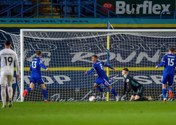 Leaky: Youri Tielemans scores Leicester's second past Illan Meslier.
 Picture: Bruce Rollinson