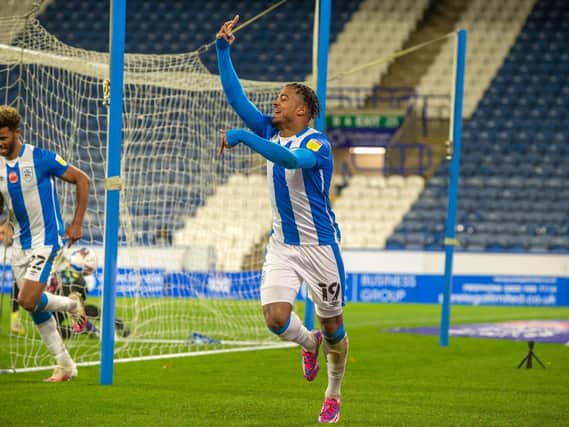 Josh Koroma is pictured celebrating his goal for Huddersfield Town against Bristol City. Picture: Bruce Rollinson.