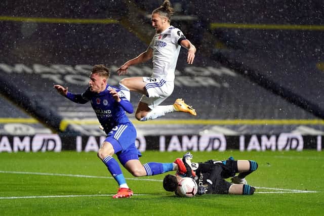 Leeds United goalkeeper Illan Meslier saves at the feet of Leicester City's Harvey Barnes (Picture: PA)