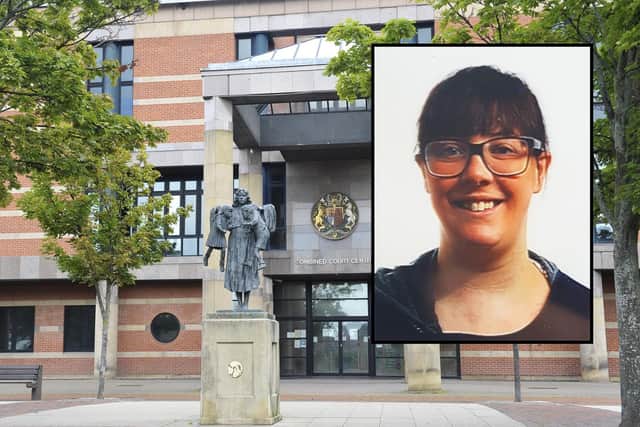 Andrew Pearson is on trial at Teesside Crown Court accused of murdering ex-girlfriend Natalie Harker (inset)