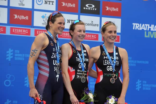 Leeds-based triathletes Georgia Taylor-Brown centre with Jess Learmonth, right, and Katie Zaferes on the podium for the women's race in leeds in 2019. (Picture: Tony Johnson)