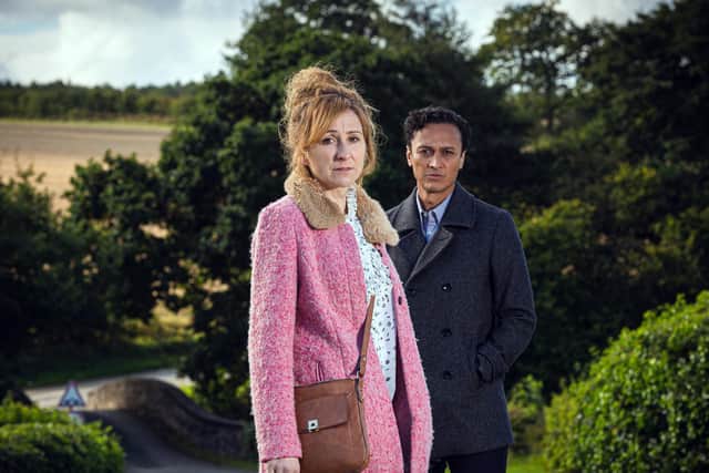 Laurel Thomas (played by Charlotte Bellamy) and her partner Jai (Chris Bisson). Credit: ITV.