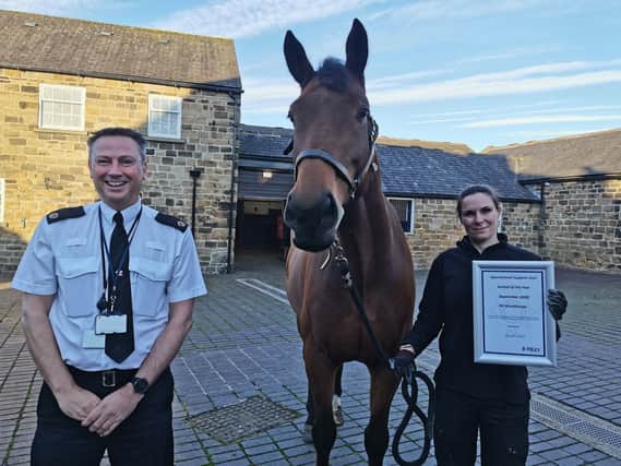Woody and his rider PC Michelle Hudson are presented with their award by Superintendent Paul McCurry