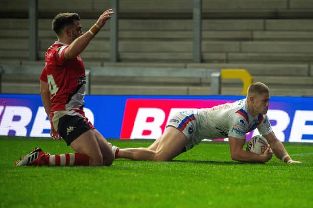Two-try Ry': Ryan Hampshire scores his second try for the hosts.
 Picture Bruce Rollinson