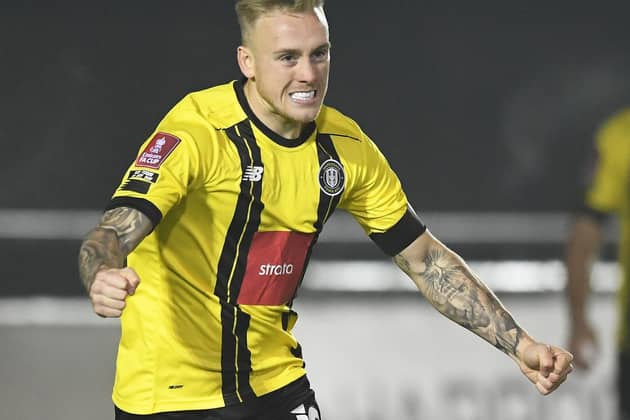 Calvin Milller celebrates after firing Harrogate Town ahead just 46 seconds into Harrogate Town's FA Cup first round clash with Skelmersdale United. Pictures: Getty Images