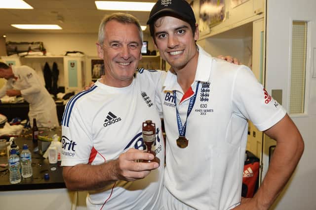 England team manager Phil Neale (L) and Alastair Cook pose with the urn in the dressing room after winning the Ashes during day five of the 5th Investec Ashes Test match between England and Australia at the Kia Oval on August 25, 2013 in London, England.  (Picture: Gareth Copley/Getty Images)