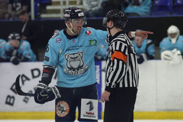 Sheffield Steeldogs' player-coach Ben Morgan gets his point across to an official last season. Picture courtesy of Cerys Molloy.