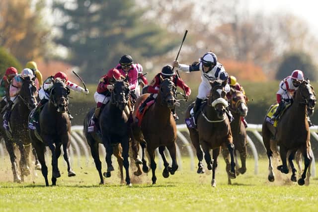 The nosebanded Glass Slippers prevails at the Breeders' Cup at Keeneland.