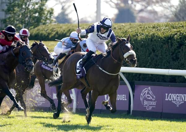 Tom Eaves and Glass Slippers cross the fline in the Breeders' Cup Sprint Turf.